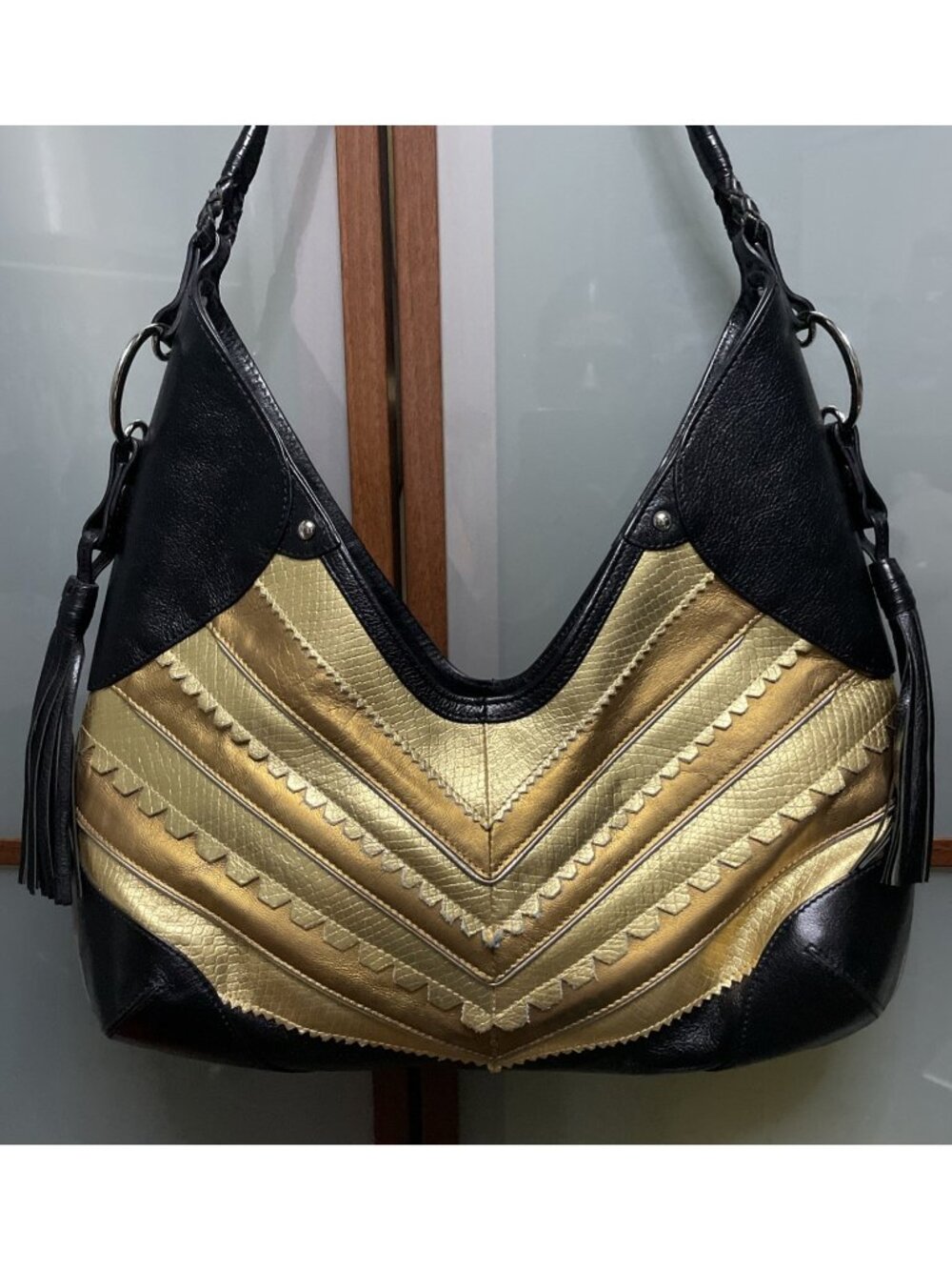 DKNY Vintage Y2K Black & Gold Leather Snake Trim Chevron Large Hobo Shoulder Bag